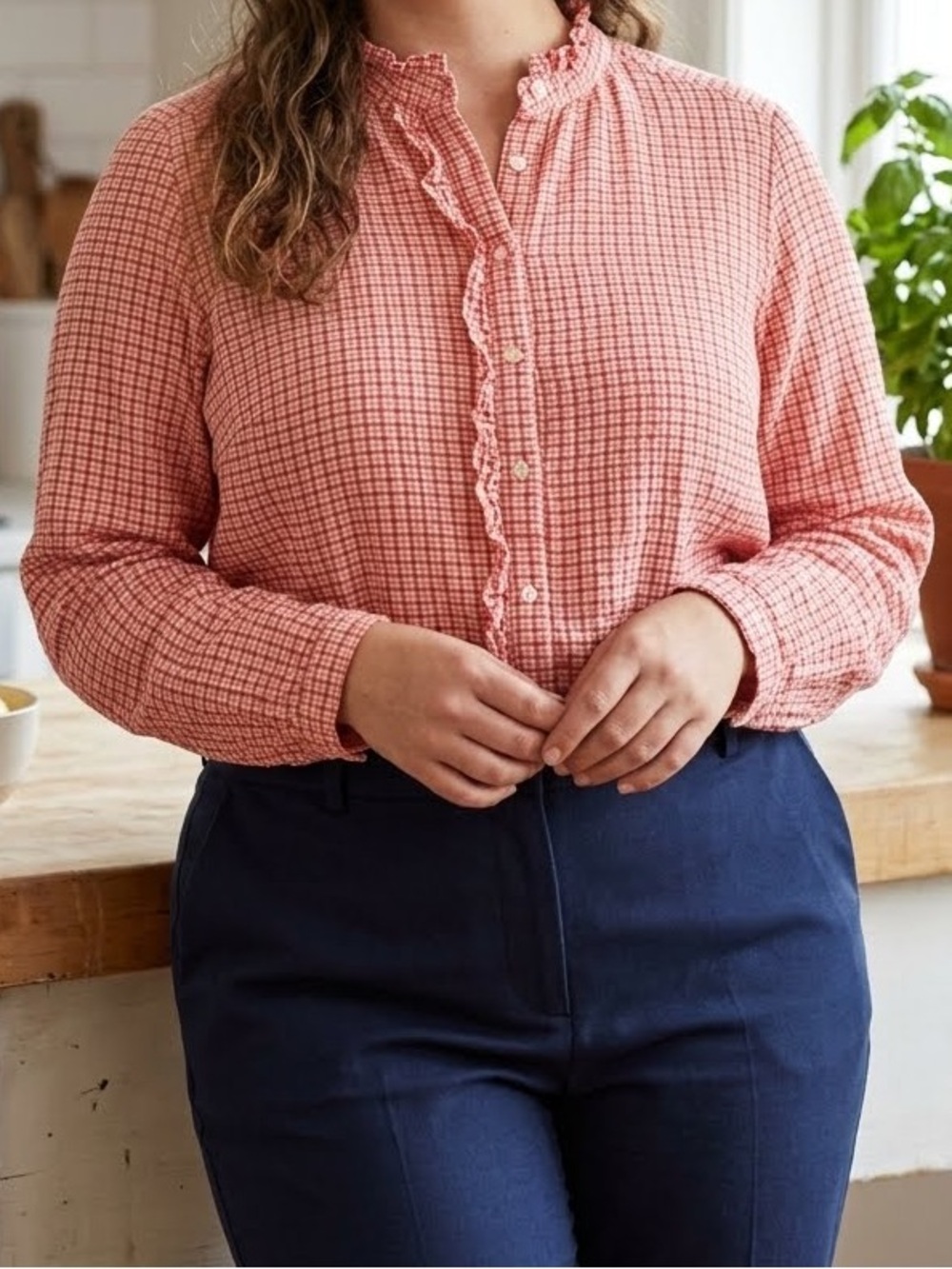 LOFT Gingham Blouse Ruffle Button Up Shirt Large Women Casual Gauze Long Sleeve